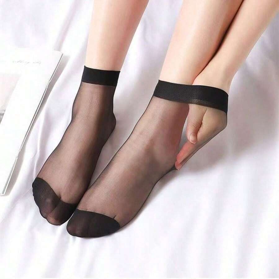 5 Pairs Elegant Women's Transparent Short Socks - Breathable Elastic Mid-Calf Socks, Semi-Transparent Material, Smooth - Multicolor - View 1