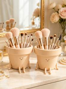 Fun Flower Pot Shaped Makeup Brush Holder, Single Cute Face Cosmetic Storage Box, Multi-Functional Makeup Tool & Pencil Holder Cup, Bedroom Vanity Bathroom Countertop Office Desk Decor - View 2