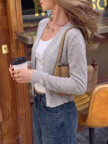 Mori Summer Fall Y2K Women Grey Sheer Thin Knit Button Up Cardigan , Long Sleeve See Through Going Out - Grey - View 2