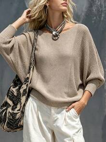 Women's Casual Spring/Autumn 3/4 Sleeve Pullover Knit Sweater, Round Neck Ribbed Knit Detail, Solid Color Batwing Sleeve Knit Top - Apricot - View 1
