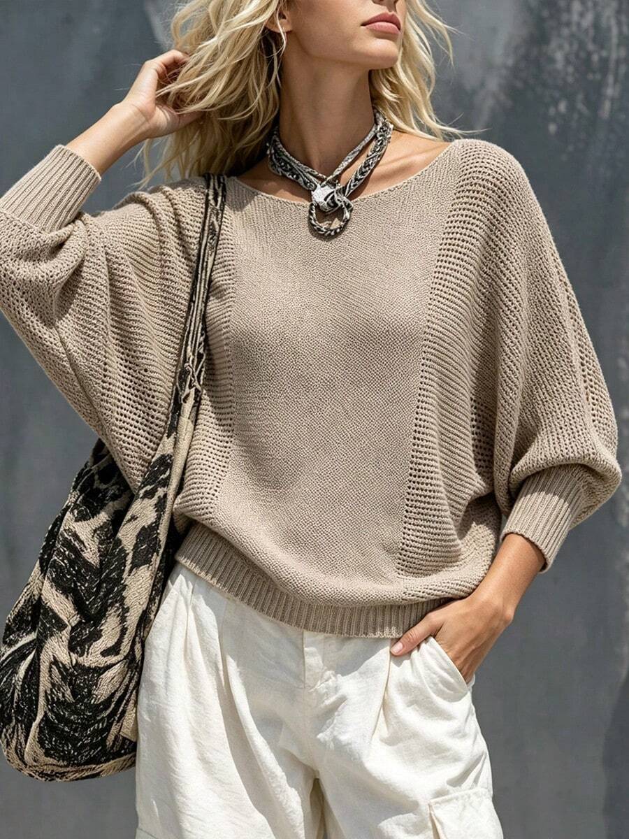 Women's Casual Spring/Autumn 3/4 Sleeve Pullover Knit Sweater, Round Neck Ribbed Knit Detail, Solid Color Batwing Sleeve Knit Top - Apricot - View 1