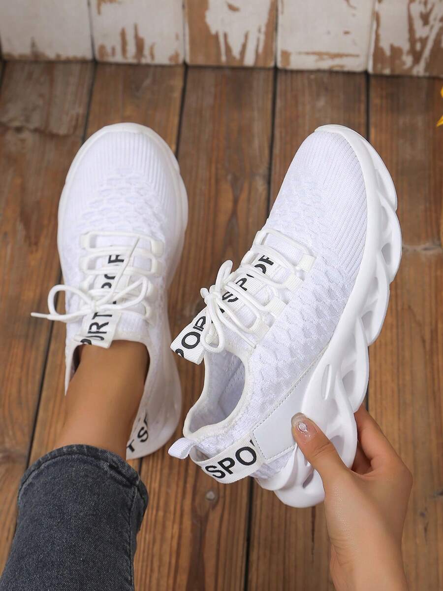 Women's Lace-Up Fabric Athletic Shoes With Letter Decor, Suitable For Sports, Casual, Commuting, Lightweight