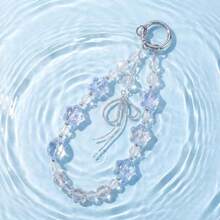Clear Light Blue Gradient Star Beaded Keychain Phone Lanyard, Rhinestone Bow Tassel Pendant Design, Cool Fairy-Like Ins Style Short Wrist Strap, Anti-Lost Universal Pendant, Compatible With Phone, Bag, Earphone, CCD Camera, Transparent Acrylic Bead High-End Texture, Girly Atmosphere Accessory, Student Daily Outfit, Gift Choice Niche Versatile Ornament - Baby Blue - View 4