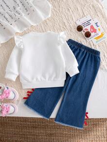 Autumn/Winter Baby Girl Outfit Set & Cute Stylish Cherry Print Cap Sleeve Sweatshirt & Bow Trim Flared Denim Jeans Commute/Outing Set - White - View 2