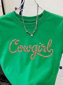 Crooped Estampa Lettering 'Cowgirl', Gola Redonda Manga Curta E Casual Para Primavera E Verão, Tamanho Padrão Feminino - Verde - Visão 2