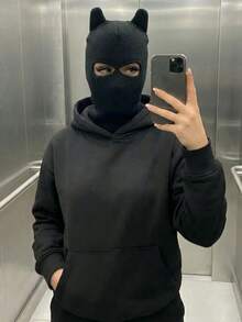 女款休閒抓絨連帽衛衣，羅紋針織口袋，寬鬆版型，適合日常穿著，秋冬戶外 - 黑色 - 查看 4