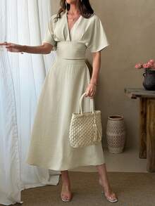 Women's Summer 2 Pieces Set Elegant Apricot Pleated Waist Short Sleeve Top And Casual High Waist Skirt - Gray Apricot - View 3