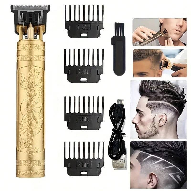 T9 Dragon Pattern Hair Trimmer Set, USB Rechargeable Zero Gapped T-Blade Hair Clipper For Men Professional Barber Carving Oil Head Shaver With 4 Limit Combs, Cleaning Brush & Storage Box