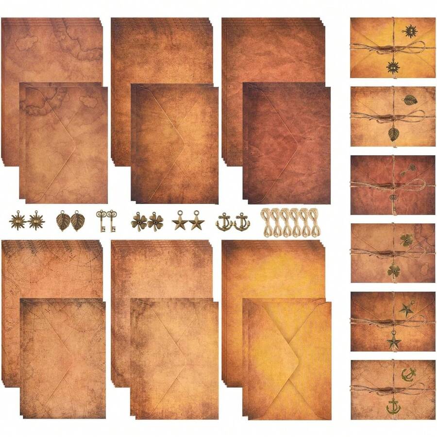 Vintage Stationery Paper And Envelope Set - 24 Sheets Classic Aged Style Letter Paper Stationery Set For Writing Letters And Invitations, With 12 Old-Style Kraft Paper Envelopes, Rope Decor Accessories And Pendants
