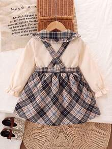 Baby Girl Long Sleeve Turn Collar Cuffed Fashion Shirt And Fashion Striped Overall Skirt - Apricot - View 2