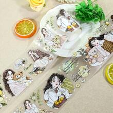 7cm*2m/捲 預切式鄉村風檸檬女士PET和紙膠帶 檸檬花卉透明貼紙 裝飾用黏貼膠帶 適用日記剪貼簿手帳文具 100cm環狀 - PET Tape - 查看 7
