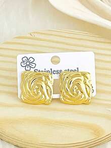 1 Pair Women's Twisted Square Gold Stud Earrings, Low-Allergy Stainless Steel Textured Swirl Earrings Fashion Jewelry Gift, Halloween - Multiple Styles - View 7
