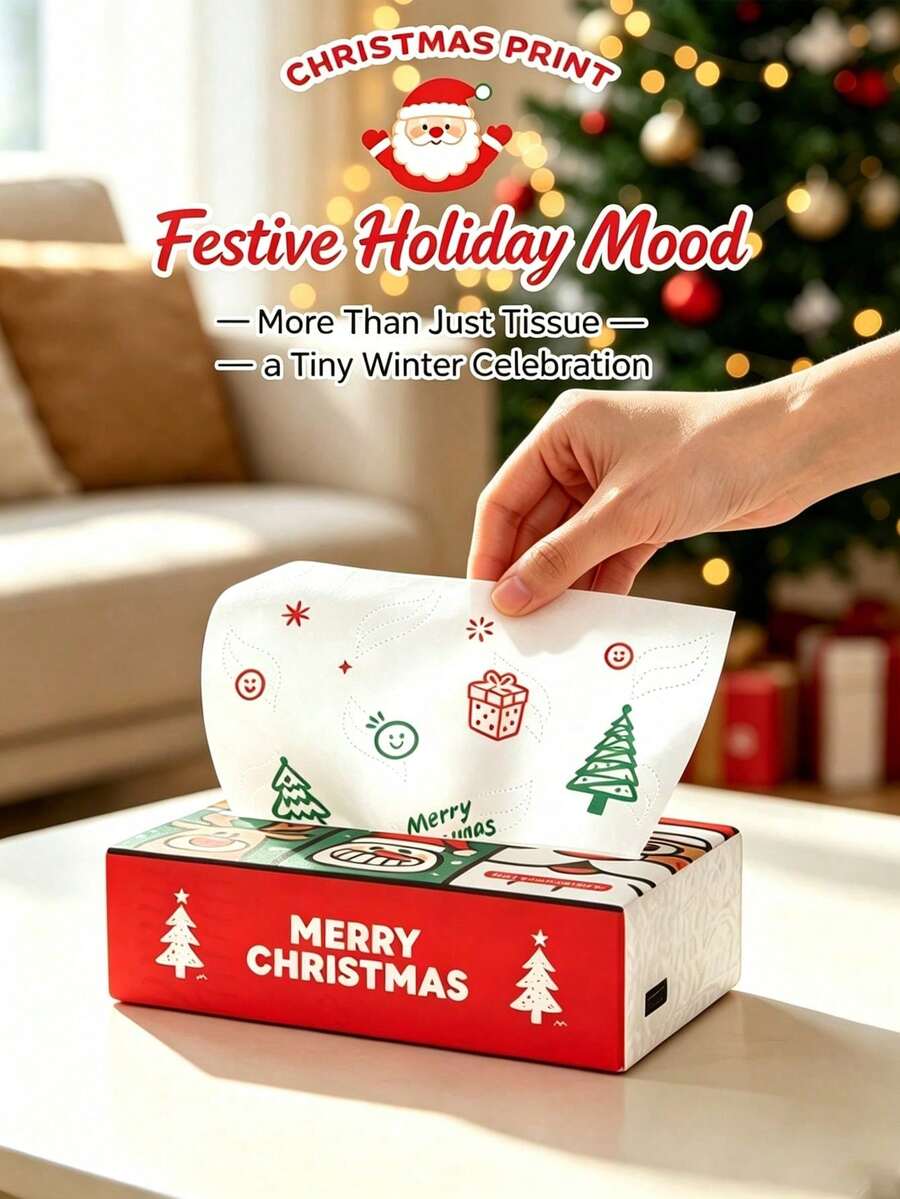 80Pcs/Pack Christmas Printed Facial Tissues, 4 Cute Xmas Patterns Disposable Paper Napkins, 4-Ply Holiday Decor Tissues, Santa Snowman Christmas Tree Print Tissue, Disposable Hand Towels For Home Dinner Party Decor Xmas Gift - Multiple Styles - View 1