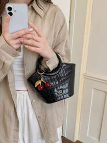 New Solid Color PU Fabric Crocodile Embossed Mini Handbag For Women, Vintage Round Handle With Cherry Charm, Fashionable Sweet Shoulder Crossbody Bag - A - View 8