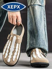 Khaki Men's Loafers Halloween New Color Striped Skull Closed-Toe Slippers Comfortable All-Season New Style Skate Shoes Men's Fashion Shoes Niche Design Slip-On British Style Shoes Business Casual Daily Walking Shoes, Vintage Round Toe Thick Sole Men's Formal Shoes Fashion Durable Casual Men's Shoes Plus Size Slouchy Shoes - Khaki - View 4