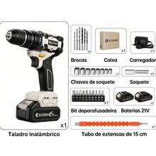 Furadeira Sem Escova 3 Funções 21V Kit Completo 2 Baterias Carregador Bivolt + Todos Acessórios - Entrada do Brasil (220V) - Visão 2