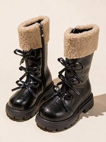 Autumn/Winter Girls' Lamb Wool Mid-Calf Boots, Bow Design Side Zipper Children's Boots - Black - View 2