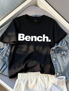 Casual Minimalist Letter Print Oversized Short Sleeve T-Shirt, Suitable For Summer Daily Wear, Boys' Style - Black - View 1