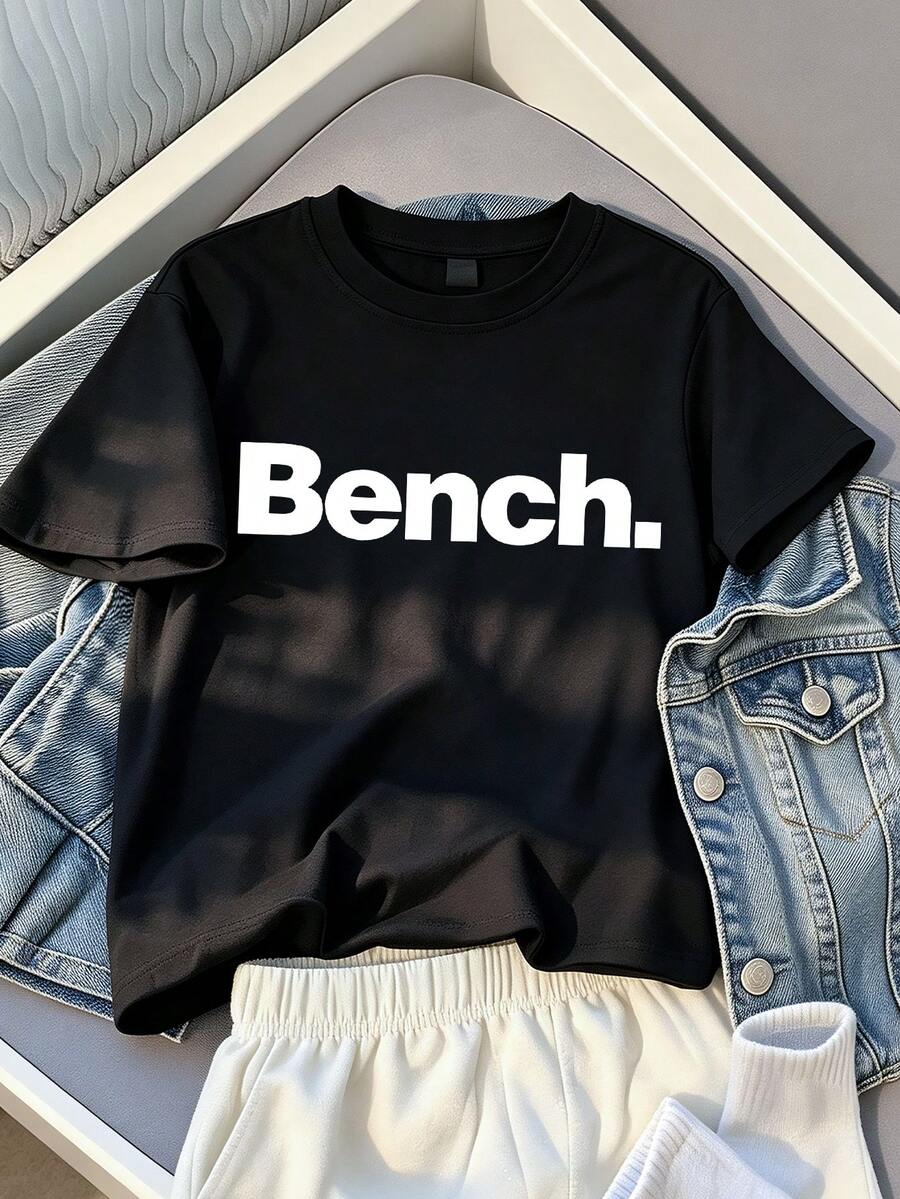 Casual Minimalist Letter Print Oversized Short Sleeve T-Shirt, Suitable For Summer Daily Wear, Boys' Style - Black - View 1