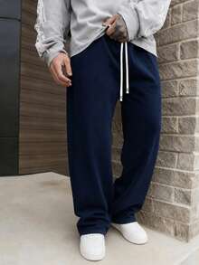 Men's Drawstring Waist Loose Wide Leg Casual Sweatpants, Autumn/Winter Spring Sports - Navy Blue - View 5