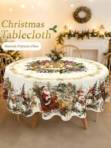 1pc Merry Christmas Tablecloth, Reindeer Santa Pattern Table Cover, Rectangular/Round Polyester Tablecloth For Home Kitchen Dining Room Table Decor, Winter Holiday Merry Christmas Party Supplies, Christmas Decoration For Home 2026 - Multicolor - View 6
