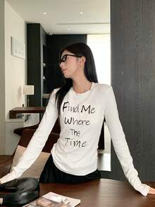 Women's Spring/Autumn Inner Layer Round Neck Regular Shoulder Slim Fit Base Layer Top With Letter Print Long Sleeve White T-Shirt - White - View 6