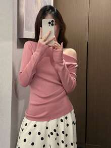 Y6Y 2026 New Autumn Fashion Versatile Commute Pink Cold Shoulder Off-Shoulder Long Sleeve Women's Knit Top - Pink - View 4