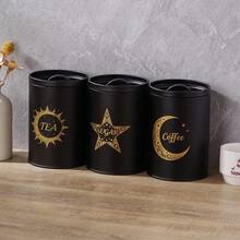 Vintage Golden Sun Moon Star Printed Metal Storage Canisters, 3 Pieces Airtight Tea Coffee Sugar Jars, Decorative Kitchen Pantry Food Storage Containers For Countertop - Black - View 2