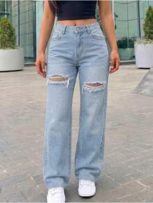 Women's High Waist Cargo Jeans With Ripped Detail, Retro Street Style, Versatile Denim Pants - Light Washed Blue 2 - View 1