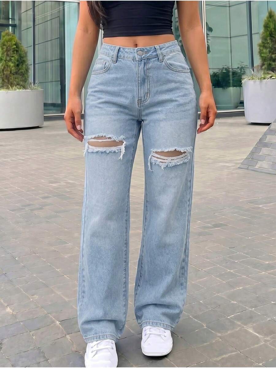 Women's High Waist Cargo Jeans With Ripped Detail, Retro Street Style, Versatile Denim Pants - Light Washed Blue 2 - View 1