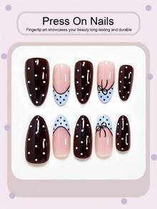 Decorate Your Style With Y2K Vibes! 10PCS Almond Shaped Vintage Minimalist Blue & Brown Color Block Polka Dot French Design Cute Style Bow & Stripe Pattern Press-On Nails, Elegant & Gentle Dark Brown Base Color Bow Line French Design Polka Dot Nails, Includes 1 Sheet Jelly Glue And 1 Nail File (Jelly Glue Randomly Shipped), Suitable For Women And Girls For Daily Wear, Parties And More Occasions - Multicolor - View 2