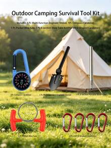 1 Set Outdoor Camping Survival Tool Kit, Folding Entrenching Shovel With Compass, Wire Saw, Blow Tube, D-Shaped Buckle - Multicolor - View 2