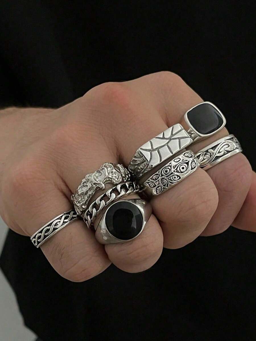 8pcs Vintage Antique Silver Black Stone Stackable Rings Set For Men, Gothic Carved Chain Twist Band Rings, Hip Hop Punk Style Cool Men's Jewelry Gift