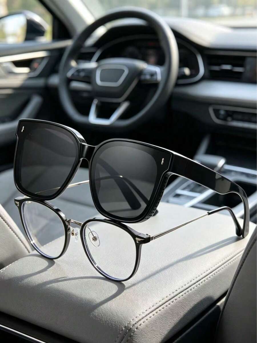 1PC Magnetic Clip-On Lens, Universal Flat Lens Frame Compatible, Fashionable Glasses, Convenient For Daily Outdoor Sun Protection And Driving - Multicolor - View 1