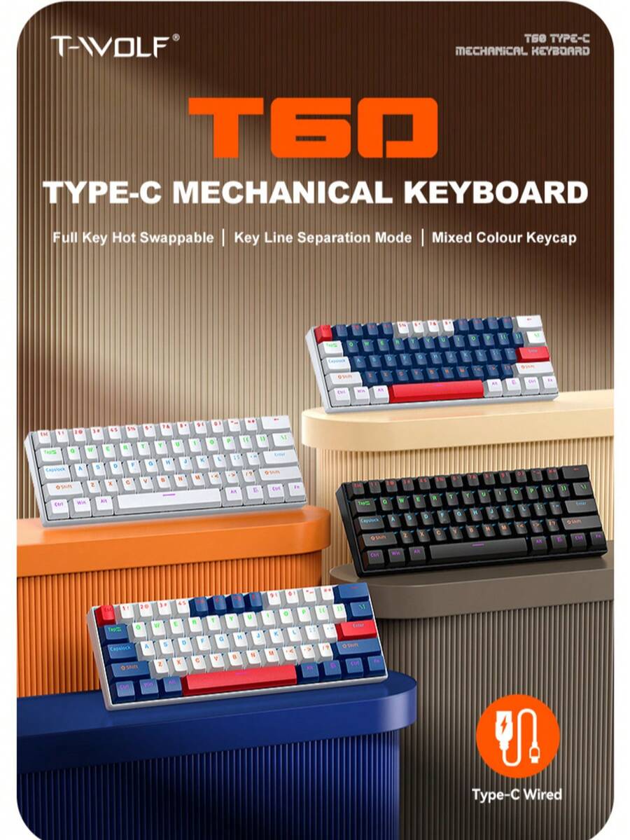 T-WOLF T60 Mechanical Keyboard Wired RGB Gaming 61-Key Color-Block Keyboard Wired Blue Switch Backlit Keyboard 60% Layout Compact Keyboard - View 1