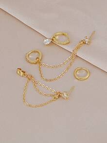 Minimalist Gold Ear Piercing Jewelry, Lotus CZ Chain Studs & Teardrop CZ Huggie Hoops, Delicate Gold Earrings For Daily Wear - Yellow Gold - View 5