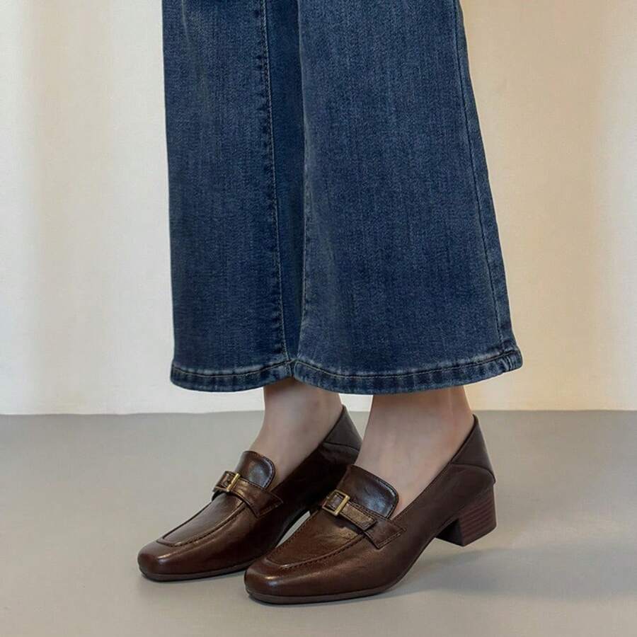 Leder-Loafer für Damen mit Karree-Spitze – Neuer Pendler-Look für Frühling/Herbst mit Blockabsatz; vielseitige Lederschuhe im britischen Stil mit französischem Flair - Braun - Übersicht 1