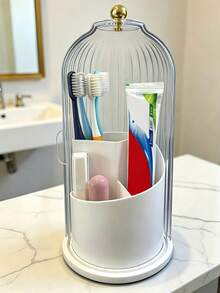 Covered Makeup Brush Storage Rack, 360° Rotating Dust-Proof ABS Storage Box, 3-Compartment Sliding Lid Toothbrush Holder With Non-Slip Base, Multi-Purpose Space-Saving Storage Box, Suitable For Makeup Brushes, Toothpaste, Ideal For Vanity, Bathroom, Home, Dorm, Apartment - Multicolor - View 2