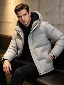 Men Warm Hooded Padded Coat, Loose Casual Zip Up Winter Cotton Jacket Solid Color Outerwear - Light Grey - View 3
