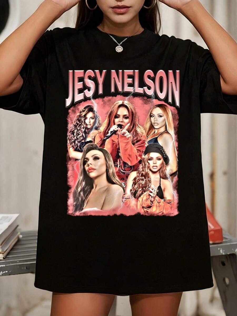 Jesy Nelson Pink Smoke Lightning Multi Shot Vintage Bootleg Pop Star Graphic Tee - 黑色 - 查看 1