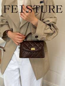FEISTURE 1 pieza Bolso de mano acolchado con costura de diamante, bolso bandolera vintage con cadena, adecuado para niñas, mujeres, estudiantes universitarias, nuevos profesionales y trabajadores de cuello blanco, perfecto para el trabajo, negocios, desplazamientos y la escuela - Café - Ver 3