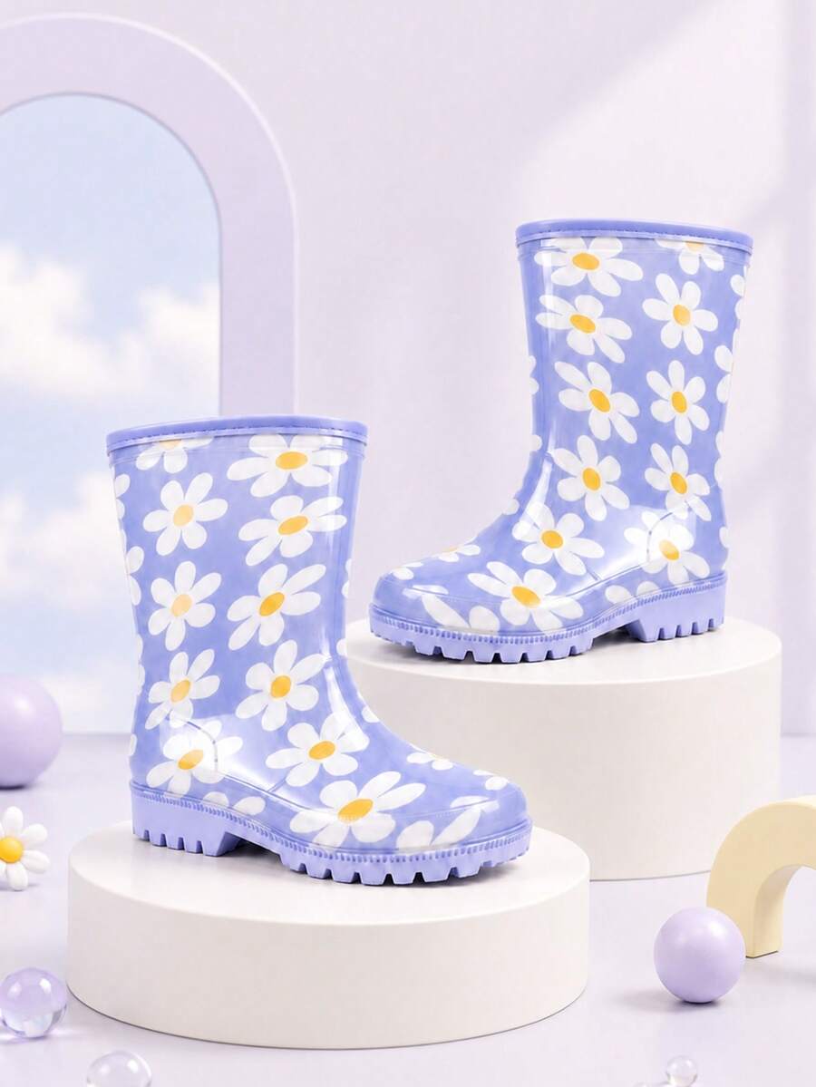 Toddler Rain Boots Waterproof Lightweight Rain Shoes With Non-Slip Sole, Blue Flower Print Kids Rain Boots For Girls, Easy To Clean Outdoor Play Shoes
