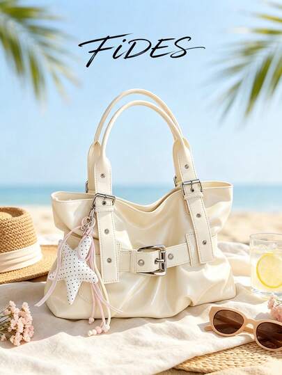 1PC New Pleated Edge Women's Tote Bag, Metal Buckle Strap Decor, Large Capacity Shoulder Commuter Bag With Star Pendant, Street Fashion Versatile Student Class Daily Travel Handbag, Light Luxury Casual Women's Bag