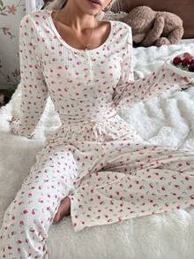 2件組女款印花圓領長袖上衣 + 鬆緊腰長褲睡衣套裝，可愛居家服 - 白色 - 查看 6