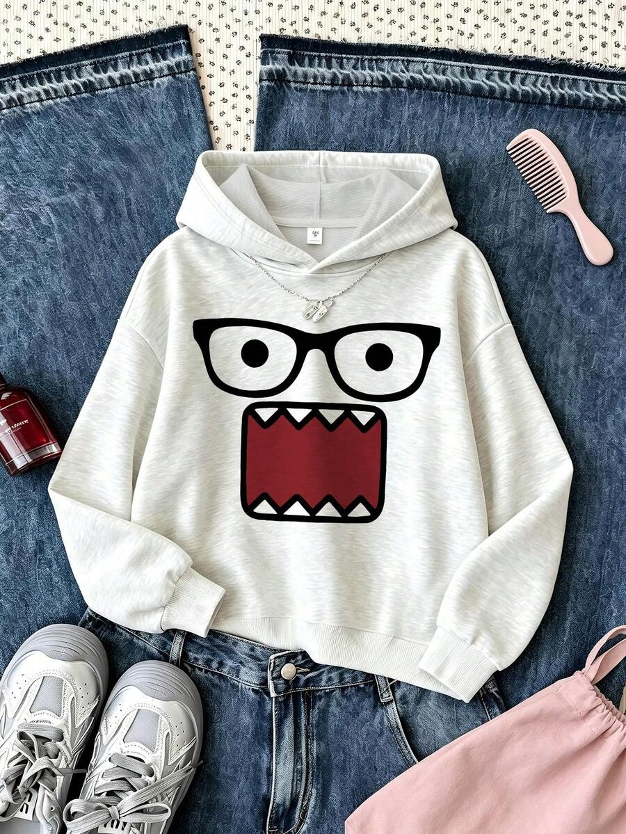Casual Fashion Sweet Cartoon Expression Print Sweatshirt, Suitable For Spring, Autumn And Winter, Teen Girls Style - Light Grey - View 1