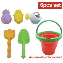 Juego de juguetes de playa con forma de sandía, diseño lindo de verduras y frutas, material PP duradero, adecuado para juegos al aire libre y diversión en la playa, incluye cubo plegable, pala y rastrillo, diseño divertido, juego de juguetes de playa de plástico duradero - Multicolor - Ver 18
