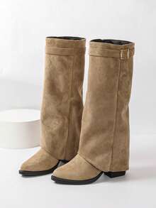 Maillard Suede Tall Boots For Women, Autumn/Winter, Foldable 2-In-1 Design With Belt Buckle, Wedge Heel, Knight Boots, Slimming For Thick Legs, High Shaft - Khaki - View 6