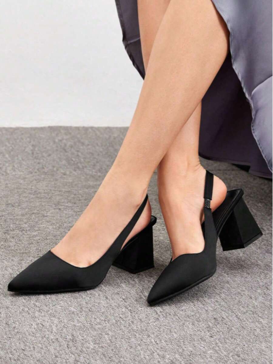 Women's Black Satin Slingback Block Heels, Pointed Toe Pumps For Work, Office & Evening Events - 黑色 - 查看 1