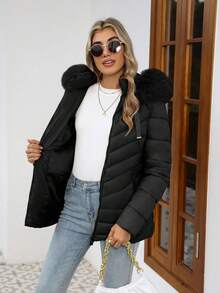 Chaqueta de plumas con capucha casual para mujer, con bolsillos, ligera y cálida, adecuada para uso diario - Negro - Ver 4