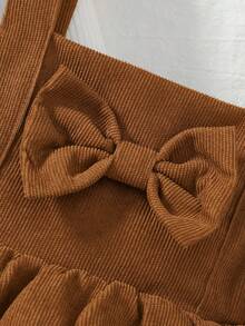 3pcs/Set Infant Long Sleeve Corduroy Ruffle Bow Sweet Style Pinafore Dress & Bodysuit Set, Spring/Autumn - Camel - View 7